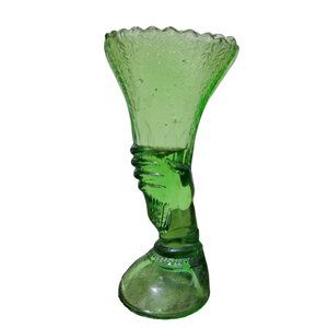 Green Depression Style Glass Hand‎ Flower Vase
